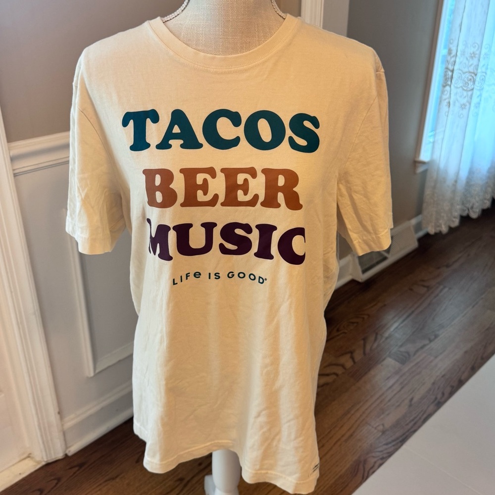 Life Is Good Crusher T-Shirt Men’s Medium‎ cream "Tacos Beer Music"